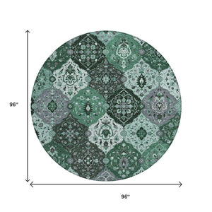 HomeRoots 8' Round Floral Medallion Area Rug in Green, Ivory & Gray - Washable, Durable for Indoor/Outdoor Use 658017