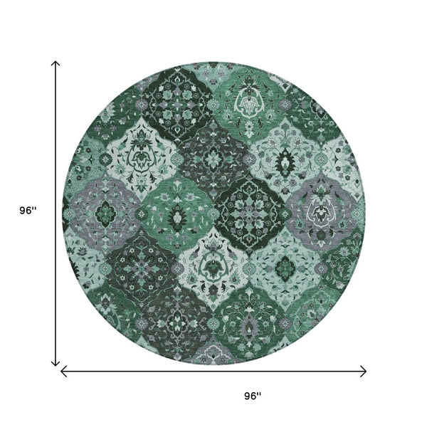 HomeRoots 8' Round Floral Medallion Area Rug in Green, Ivory & Gray - Washable, Durable for Indoor/Outdoor Use 658017