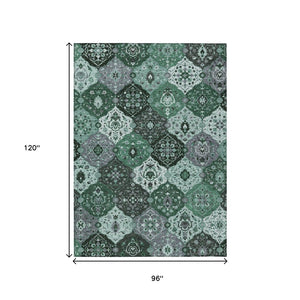 HomeRoots 8' X 10' Elegant Green Ivory Gray Floral Medallion Area Rug - Washable, Durable & Versatile Design 658018