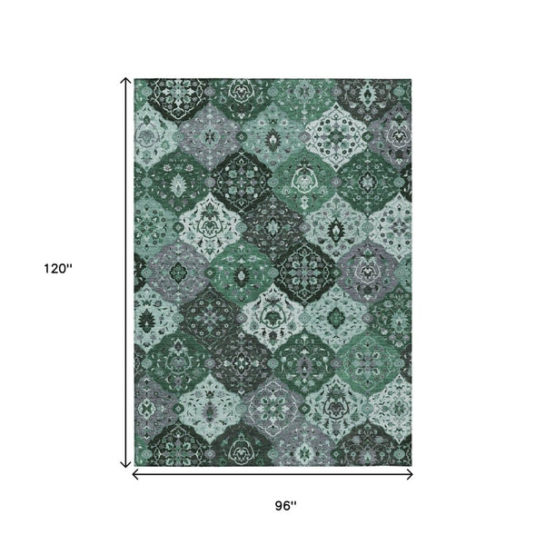 HomeRoots 8' X 10' Elegant Green Ivory Gray Floral Medallion Area Rug - Washable, Durable & Versatile Design 658018