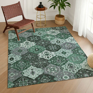 HomeRoots 8' X 10' Elegant Green Ivory Gray Floral Medallion Area Rug - Washable, Durable & Versatile Design 658018