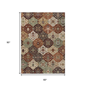 HomeRoots 5' Chili Red Beige Copper Floral Medallion Rug - Washable Indoor/Outdoor, Durable & Stylish Decor 658022