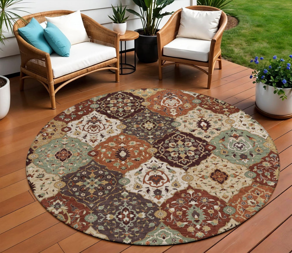 HomeRoots 8' Vibrant Chili Red Round Floral Medallion Rug - Washable Indoor/Outdoor, Durable & Stylish Decor 658023