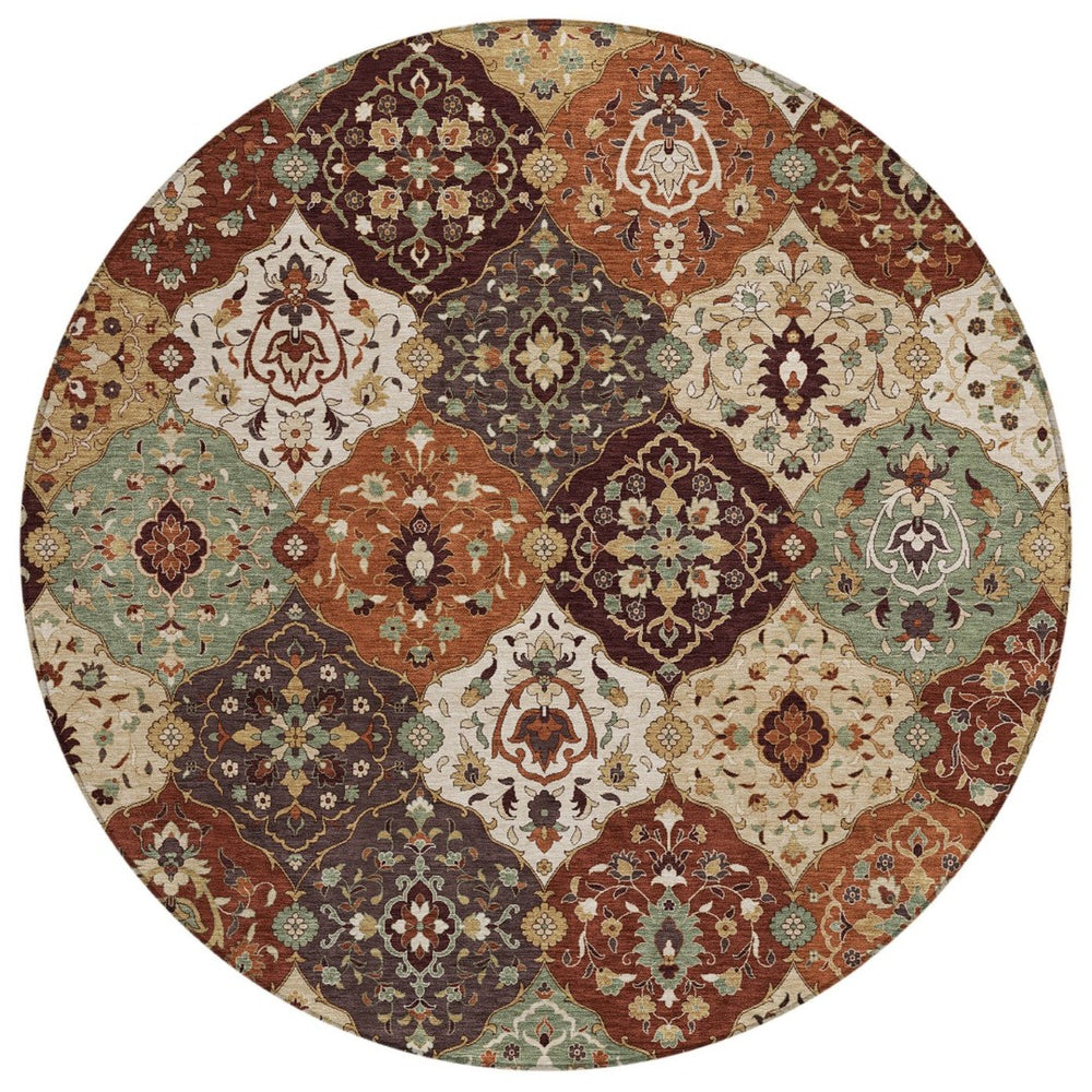 HomeRoots 8' Vibrant Chili Red Round Floral Medallion Rug - Washable Indoor/Outdoor, Durable & Stylish Decor 658023