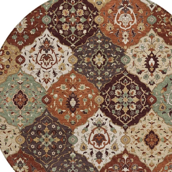 HomeRoots 8' Vibrant Chili Red Round Floral Medallion Rug - Washable Indoor/Outdoor, Durable & Stylish Decor 658023