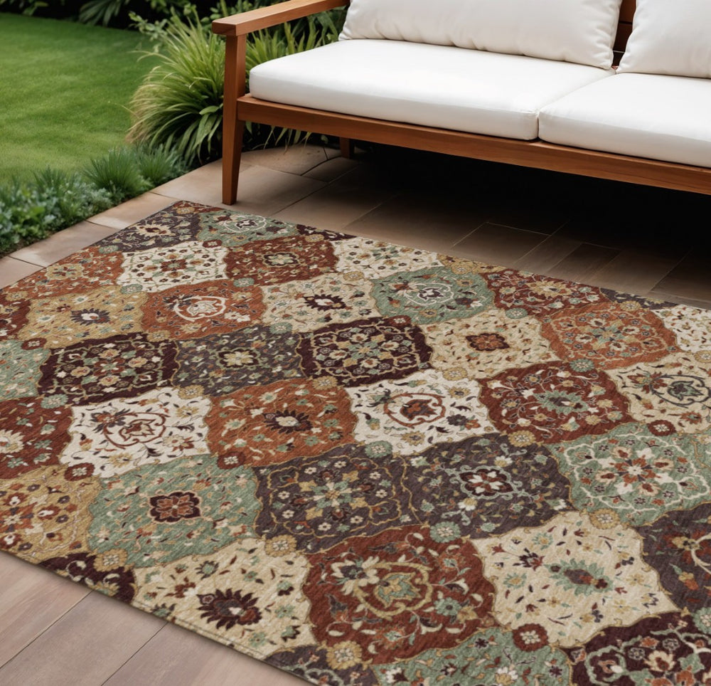 HomeRoots 8' X 10' Floral Medallion Area Rug in Chili Red, Beige & Copper – Durable, Washable for Indoor/Outdoor Use 658024