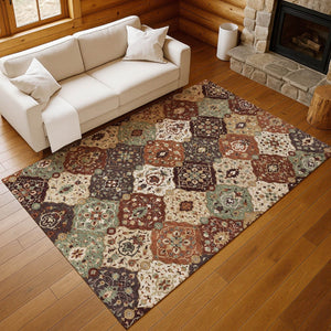 HomeRoots 10' Chili Red Beige Copper Floral Medallion Area Rug - Durable, Washable for Indoor & Outdoor Use 658026