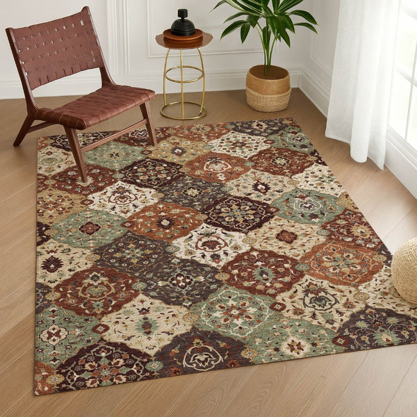 HomeRoots 10' Chili Red Beige Copper Floral Medallion Area Rug - Durable, Washable for Indoor & Outdoor Use 658026