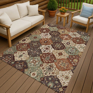 HomeRoots 10' Chili Red Beige Copper Floral Medallion Area Rug - Durable, Washable for Indoor & Outdoor Use 658026