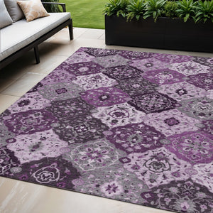 HomeRoots 5' Elegant Purple and Ivory Floral Medallion Area Rug - Washable, Durable, Indoor/Outdoor Charm 658028