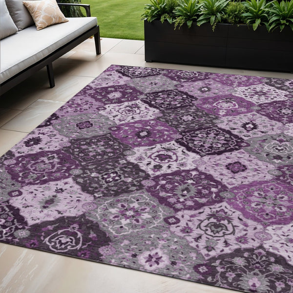 HomeRoots 5' Elegant Purple and Ivory Floral Medallion Area Rug - Washable, Durable, Indoor/Outdoor Charm 658028