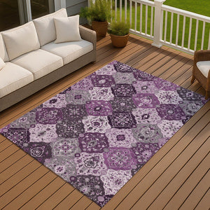 HomeRoots 5' Elegant Purple and Ivory Floral Medallion Area Rug - Washable, Durable, Indoor/Outdoor Charm 658028