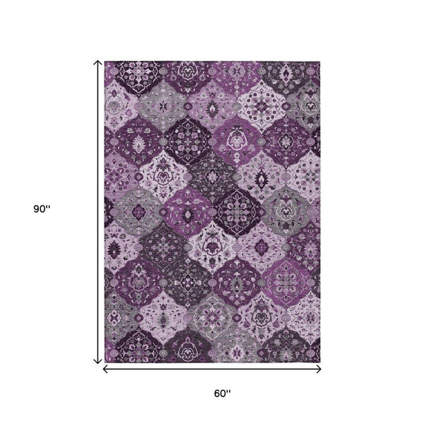HomeRoots 5' Elegant Purple and Ivory Floral Medallion Area Rug - Washable, Durable, Indoor/Outdoor Charm 658028