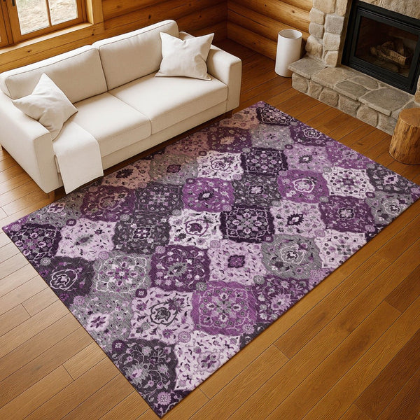 HomeRoots 5' Elegant Purple and Ivory Floral Medallion Area Rug - Washable, Durable, Indoor/Outdoor Charm 658028