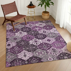HomeRoots 5' Elegant Purple and Ivory Floral Medallion Area Rug - Washable, Durable, Indoor/Outdoor Charm 658028