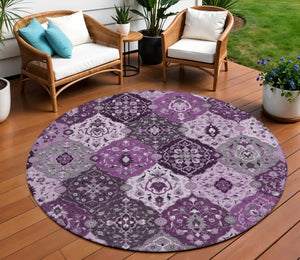 HomeRoots 8' Round Floral Medallion Area Rug in Purple & Ivory - Washable, Durable, Indoor/Outdoor Style! 658029