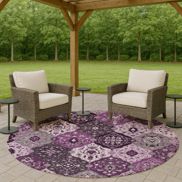HomeRoots 8' Round Floral Medallion Area Rug in Purple & Ivory - Washable, Durable, Indoor/Outdoor Style! 658029