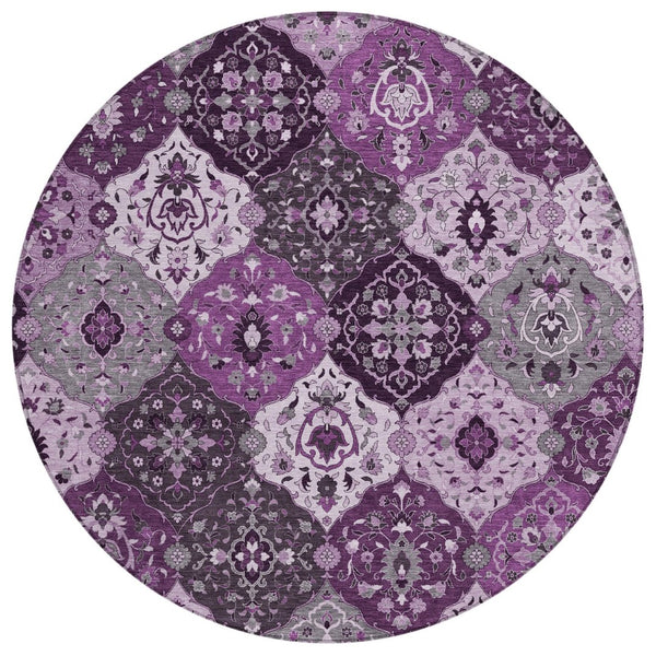 HomeRoots 8' Round Floral Medallion Area Rug in Purple & Ivory - Washable, Durable, Indoor/Outdoor Style! 658029