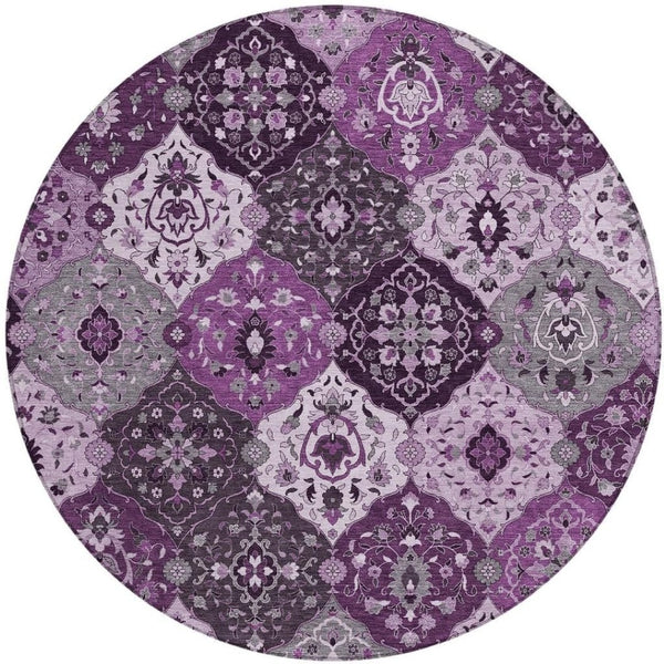 HomeRoots 8' Round Floral Medallion Area Rug in Purple & Ivory - Washable, Durable, Indoor/Outdoor Style! 658029