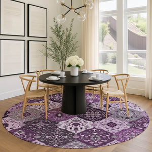 HomeRoots 8' Round Floral Medallion Area Rug in Purple & Ivory - Washable, Durable, Indoor/Outdoor Style! 658029