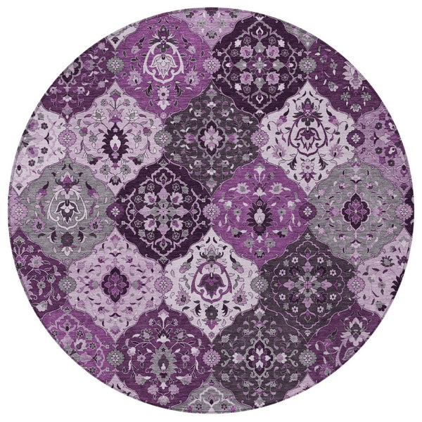 HomeRoots 8' Round Floral Medallion Area Rug in Purple & Ivory - Washable, Durable, Indoor/Outdoor Style! 658029