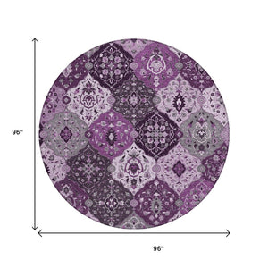 HomeRoots 8' Round Floral Medallion Area Rug in Purple & Ivory - Washable, Durable, Indoor/Outdoor Style! 658029