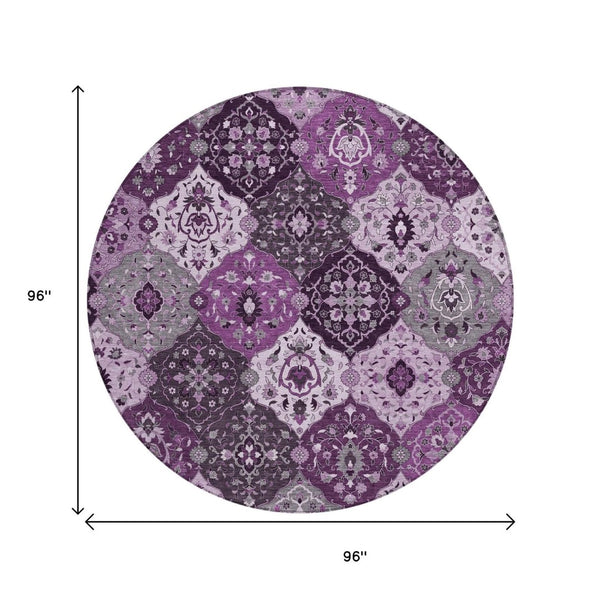 HomeRoots 8' Round Floral Medallion Area Rug in Purple & Ivory - Washable, Durable, Indoor/Outdoor Style! 658029