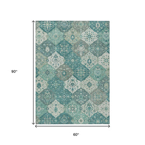 HomeRoots 5' Teal Blue & Ivory Floral Medallion Area Rug - Durable, Washable, Indoor/Outdoor Style for Any Space 658034