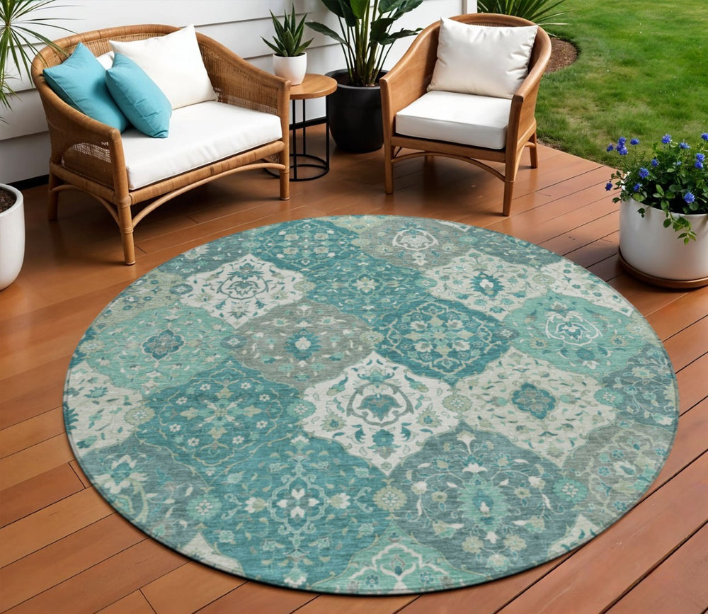 HomeRoots 8' Teal Blue Floral Medallion Round Rug – Machine Washable, Stain-Resistant for Indoor & Outdoor Use 658035