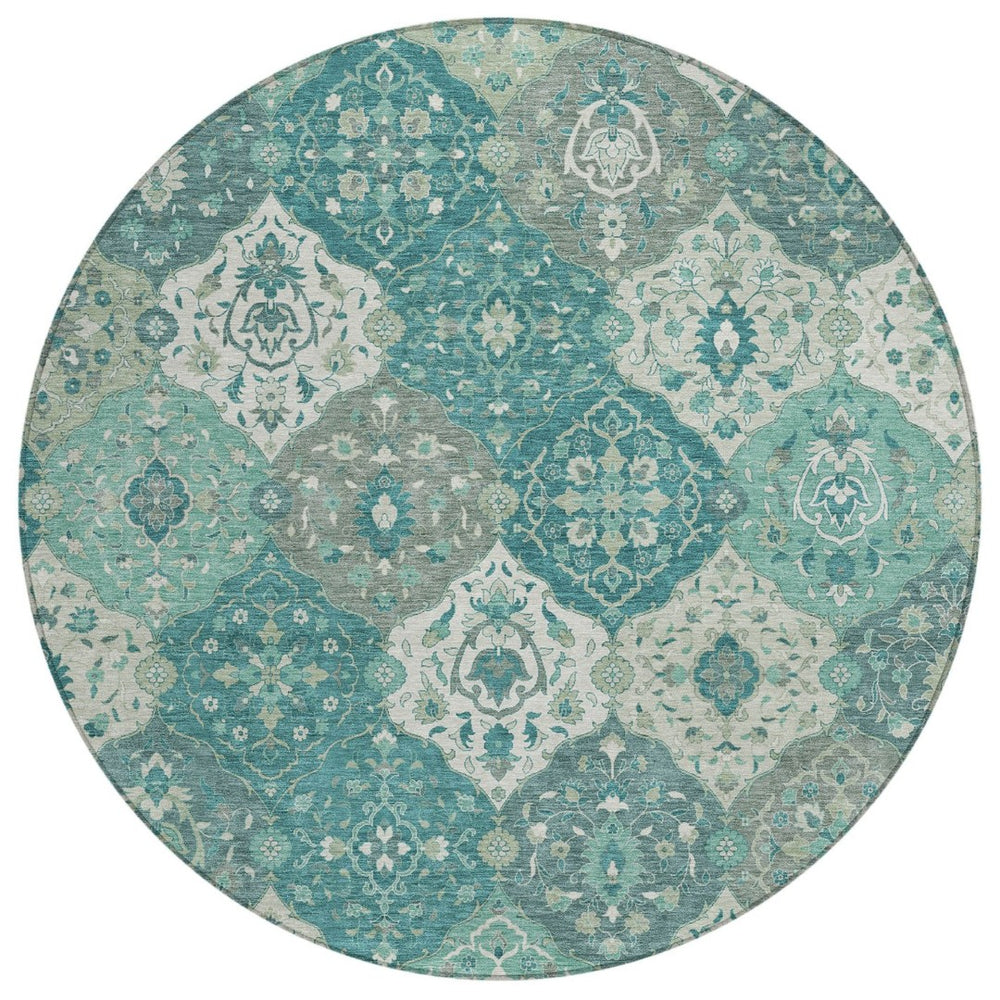 HomeRoots 8' Teal Blue Floral Medallion Round Rug – Machine Washable, Stain-Resistant for Indoor & Outdoor Use 658035