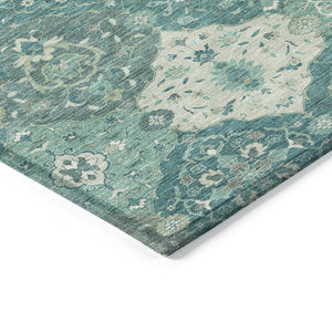 HomeRoots 8' Teal Blue Floral Medallion Round Rug – Machine Washable, Stain-Resistant for Indoor & Outdoor Use 658035