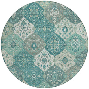 HomeRoots 8' Teal Blue Floral Medallion Round Rug – Machine Washable, Stain-Resistant for Indoor & Outdoor Use 658035