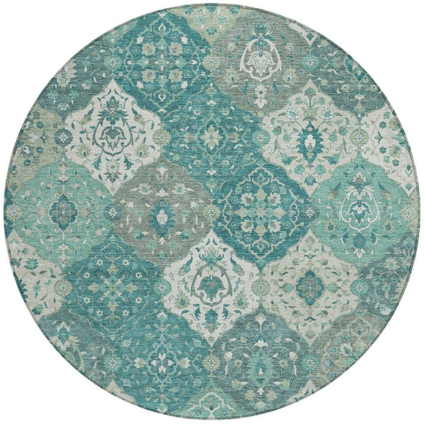 HomeRoots 8' Teal Blue Floral Medallion Round Rug – Machine Washable, Stain-Resistant for Indoor & Outdoor Use 658035