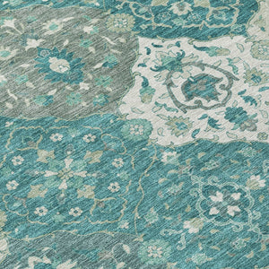 HomeRoots 8' Teal Blue Floral Medallion Round Rug – Machine Washable, Stain-Resistant for Indoor & Outdoor Use 658035