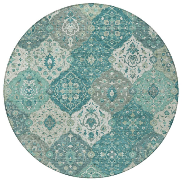 HomeRoots 8' Teal Blue Floral Medallion Round Rug – Machine Washable, Stain-Resistant for Indoor & Outdoor Use 658035