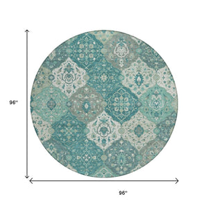 HomeRoots 8' Teal Blue Floral Medallion Round Rug – Machine Washable, Stain-Resistant for Indoor & Outdoor Use 658035