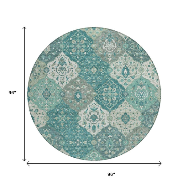 HomeRoots 8' Teal Blue Floral Medallion Round Rug – Machine Washable, Stain-Resistant for Indoor & Outdoor Use 658035