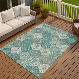 HomeRoots 8' X 10' Teal Blue & Ivory Floral Medallion Rug - Washable, Durable for Indoor & Outdoor Spaces 658036