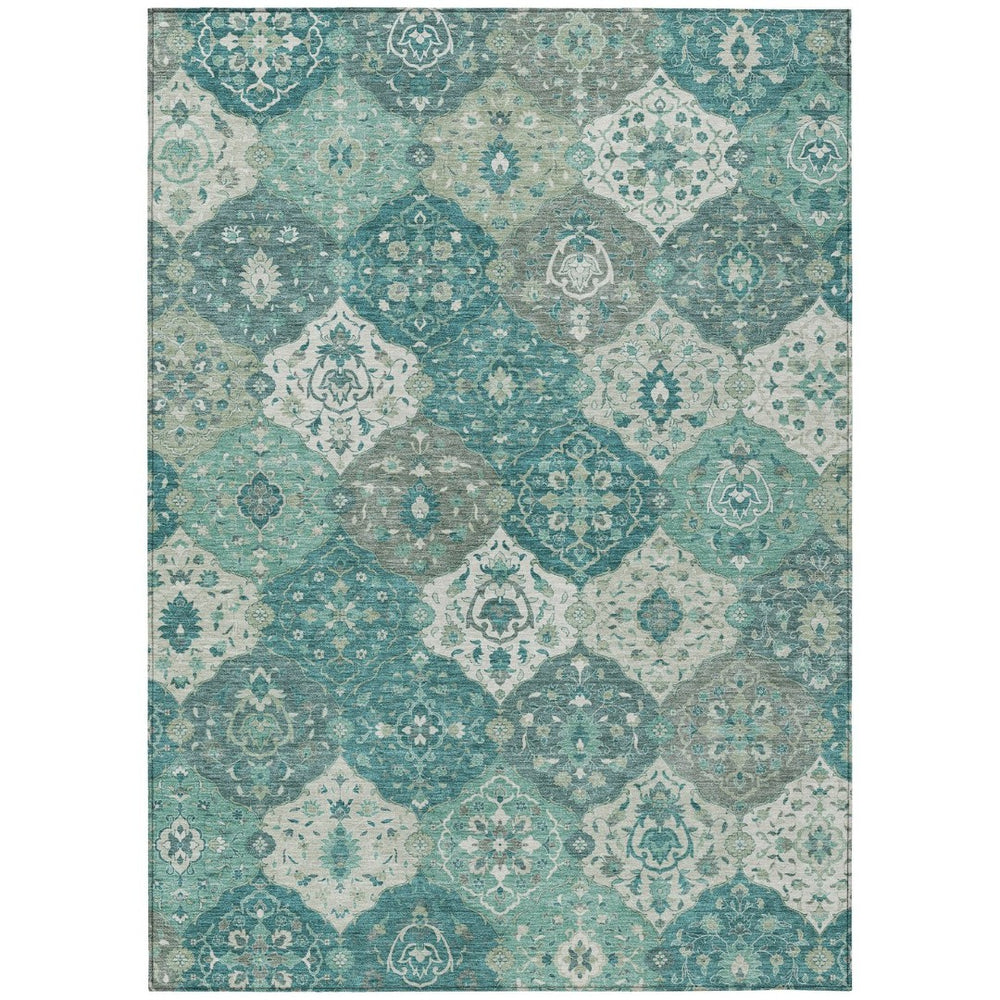 HomeRoots 8' X 10' Teal Blue & Ivory Floral Medallion Rug - Washable, Durable for Indoor & Outdoor Spaces 658036