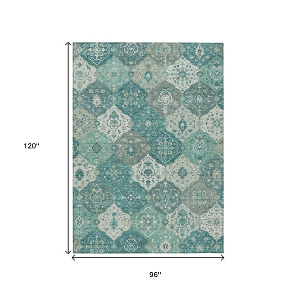 HomeRoots 8' X 10' Teal Blue & Ivory Floral Medallion Rug - Washable, Durable for Indoor & Outdoor Spaces 658036