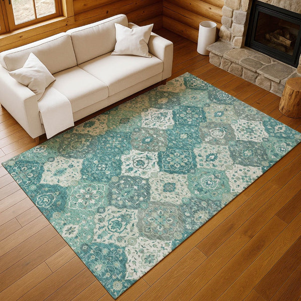 HomeRoots 8' X 10' Teal Blue & Ivory Floral Medallion Rug - Washable, Durable for Indoor & Outdoor Spaces 658036