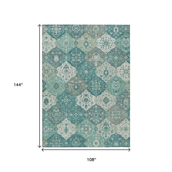 HomeRoots 9' X 12' Teal Blue & Ivory Floral Medallion Area Rug - Stylish, Washable, Durable for Indoor/Outdoor Use 658037