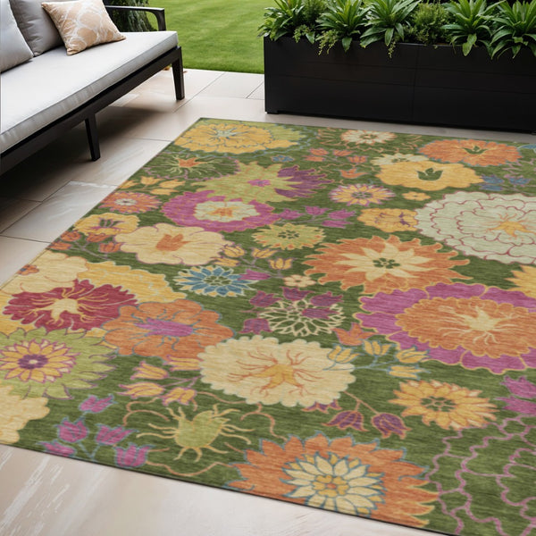 HomeRoots 5' Artichoke Green Floral Indoor Outdoor Area Rug - Washable, Durable, Stylish for Any Space! 658040