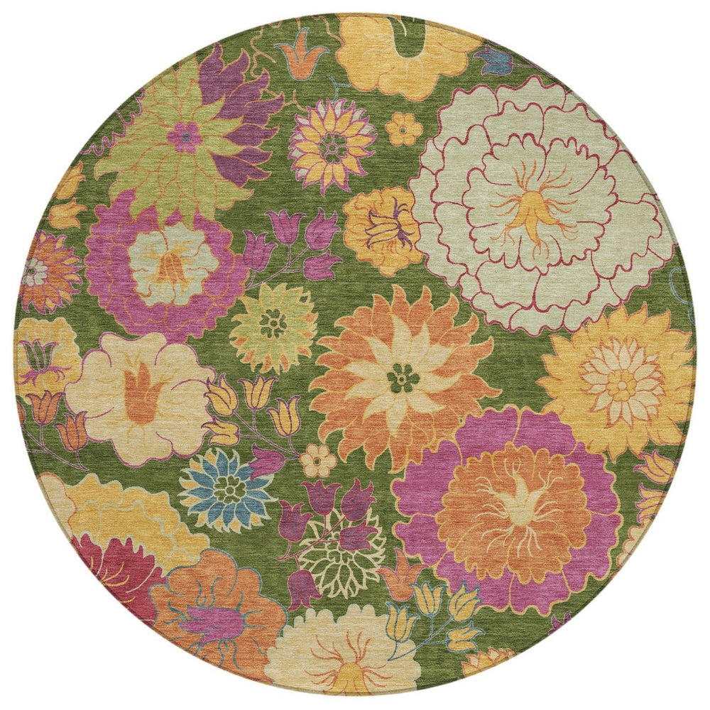 HomeRoots 8' Vibrant Artichoke Green Floral Round Area Rug - Durable, Washable, Perfect for Indoor & Outdoor Spaces 658041