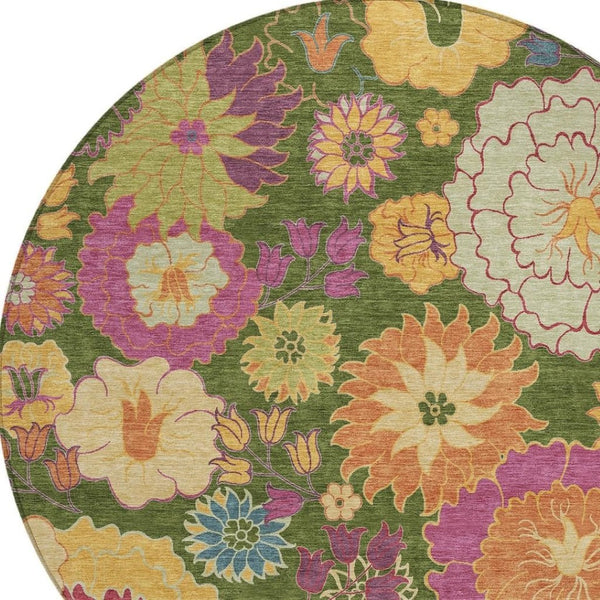 HomeRoots 8' Vibrant Artichoke Green Floral Round Area Rug - Durable, Washable, Perfect for Indoor & Outdoor Spaces 658041