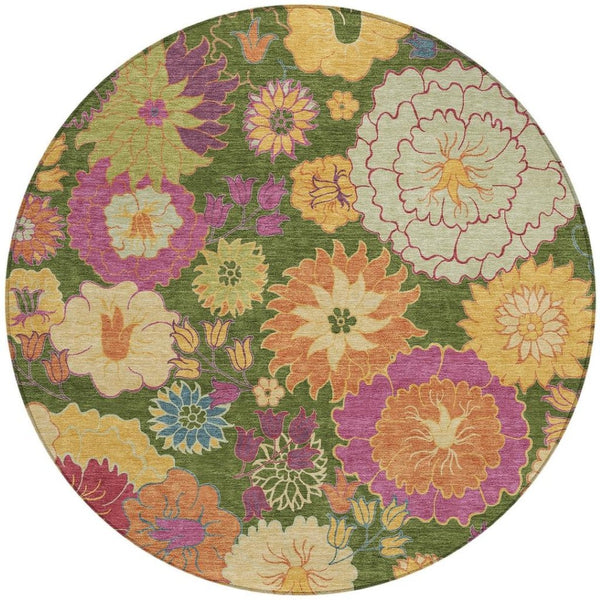 HomeRoots 8' Vibrant Artichoke Green Floral Round Area Rug - Durable, Washable, Perfect for Indoor & Outdoor Spaces 658041