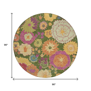HomeRoots 8' Vibrant Artichoke Green Floral Round Area Rug - Durable, Washable, Perfect for Indoor & Outdoor Spaces 658041