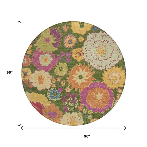 HomeRoots 8' Vibrant Artichoke Green Floral Round Area Rug - Durable, Washable, Perfect for Indoor & Outdoor Spaces 658041