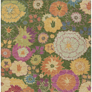 HomeRoots 8' X 10' Durable Artichoke Green Floral Area Rug - Washable, Stain-Resistant for Indoor & Outdoor Use 658042