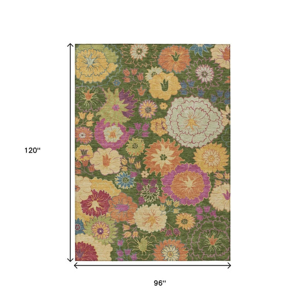 HomeRoots 8' X 10' Durable Artichoke Green Floral Area Rug - Washable, Stain-Resistant for Indoor & Outdoor Use 658042